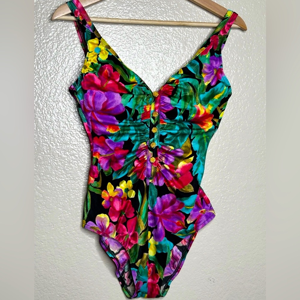 Vintage Longitude Tropical Multicolor Floral High Cut Hip One Piece Swimsuit 12
